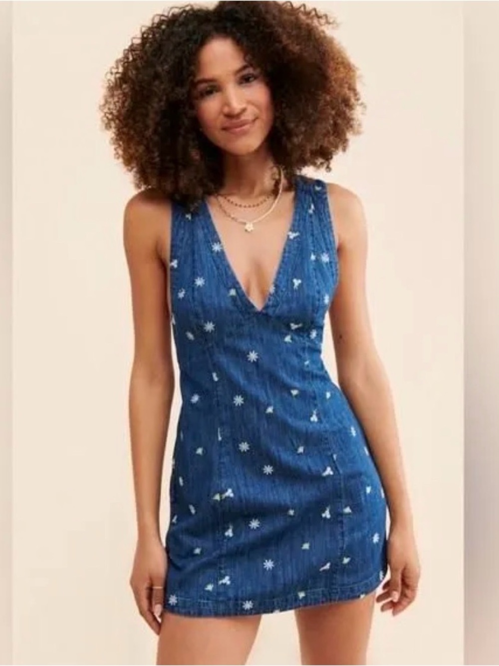 Free People Blue Denim Floral V-Neck Mini Dress